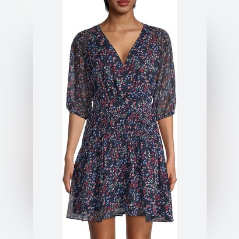 New Ted Baker‎ Navy Casadee Ditsy Print Puff Sleeve Smocked Mini Dress Sz 0/US 2
